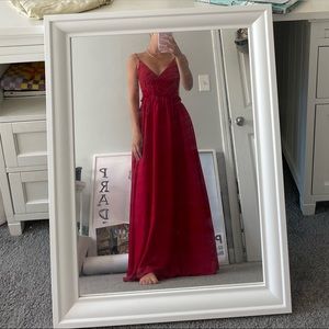 Lulus Long Red Dress with Crochet Top. Super cute open back. Size XS